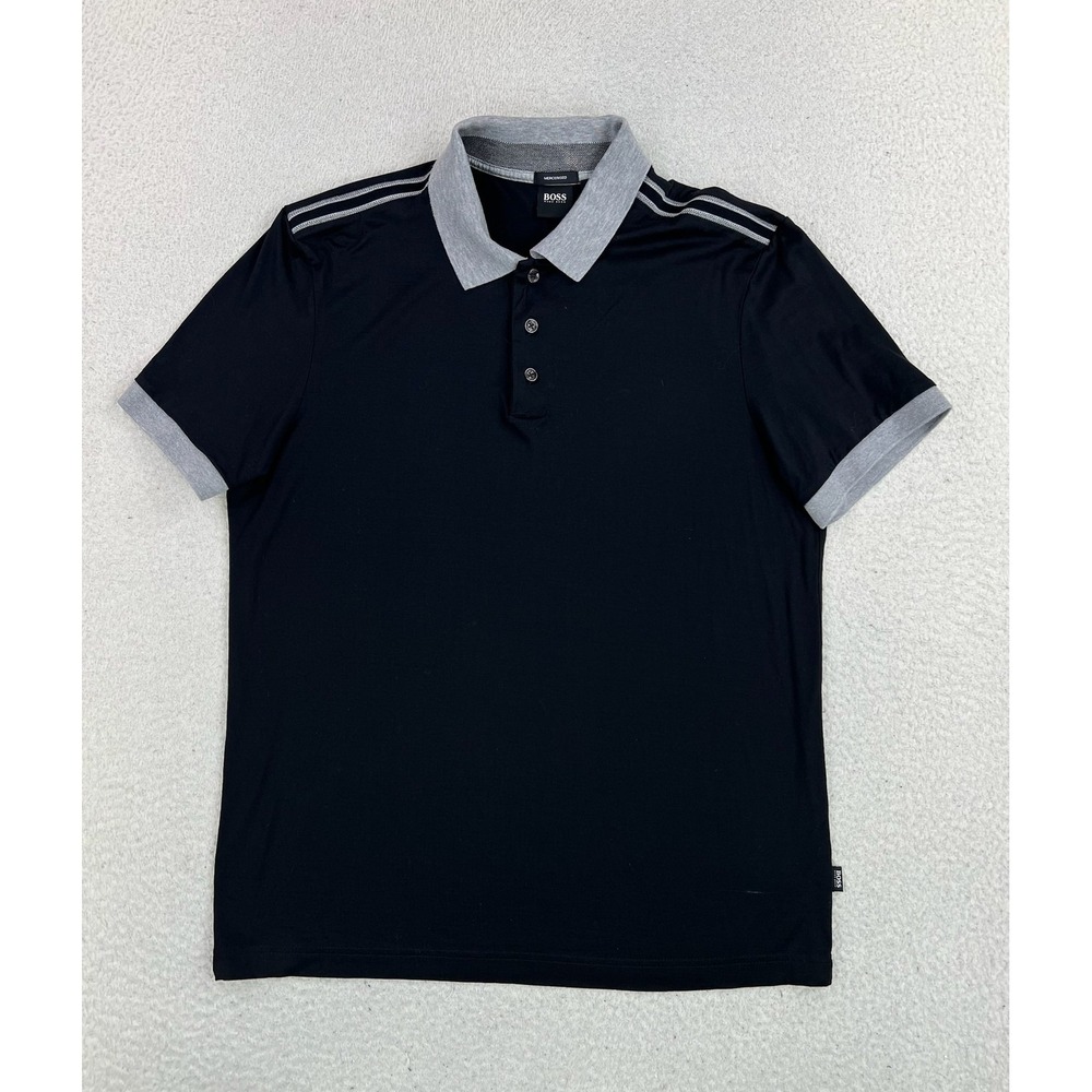 BOSS Hugo Boss Polo Shirt Mens Medium Black Contrast Collar Jersey Knit Logo